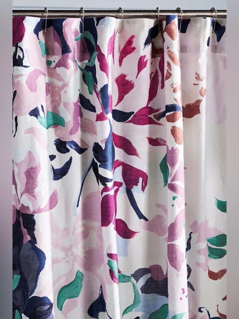 Anthropologie Floral Watercolor Shower Curtain - Pink, Green, Navy, Cream - Picture 3 of 5